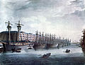 Image 26Sailing ships at West India Docks on the Isle of Dogs in 1810. The docks opened in 1802 and closed in 1980 and have since been redeveloped as the Canary Wharf development.