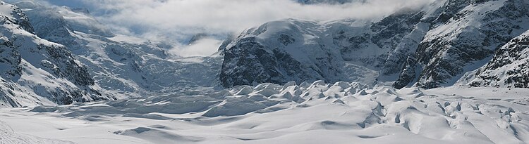 Панорама ледника Мортератч (нем. Der Morteratschgletscher) в массиве Бернина, Восточные Альпы