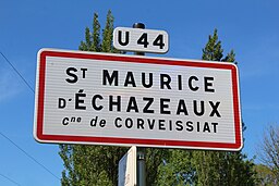 Cartouche E44 U44 sur panneau EB10 Saint-Maurice-d'Échazeaux à Corveissiat.