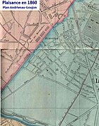 En 1860, urbanisation étendue au sud du château du Maine jusqu’à la rue d’Alésia, au sud espace non construit