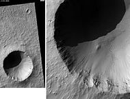 Small crater in Schaeberle Crater, as seen by HiRISE. Image on right is an enlargement of the other image. Scale bar is 500 meters long.