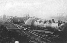 This train hit an improperly set switch in the East Salamanca yard on the evening of 16 Oct 1917. The toll was one locomotive on its side, thirteen cars tumbled into a mess, of which two were destroyed, and one engineer in the hospital with a wrenched back.[citation needed]