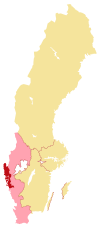 Länsrättens domkrets (rött) samt den kammarrätt den föll under (ljusrosa).