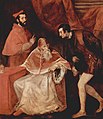 El papa Paulo III con sus nepotes, el cardenal Alejandro Farnesio y Octavio Farnesio. Pintura de Tiziano (1546).
