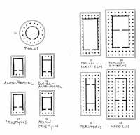 Templen uppvisade under antiken en stor variationsrikedom, men deras planer utgick alla från megaronens slutna, rektangulära rum med en övertäckt ingång i ena kortänden.