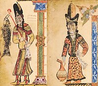 Contemporary Armenian costume, with tall sharbush hat and kaftans, in the Haghbat Gospel (1211).[36]