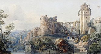 Castle ruins by a river (1830s)