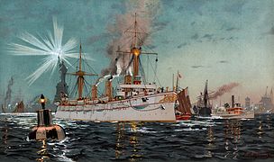 Kaiserin Augusta verlässt Newyork, Chromo-Lithographie von C. Saltzmann 95, nr13 aus G. Wislicenus, Unsre Kriegsflotte - restored, borderless