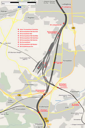 Karte des Rangierbahnhofs Kornwestheim mit Umgebung