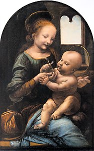 Peinture de la Vierge Marie qui, tenant sur ses genoux l’Enfant Jésus, lui tend une fleur qu’il observe et touche.