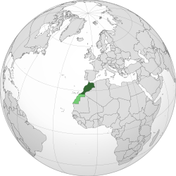 Location of Morocco in northwest Africa Dark green: Undisputed territory of Morocco Lighter green: Western Sahara, a territory claimed and occupied mostly by Morocco as its Southern Provinces[a]