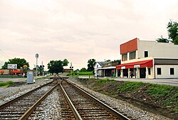 The railroad tracks running through the heart of Downtown Powell.