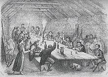 Drawing of a large group at a long, rustic table