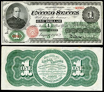 One-dollar United States Note from the series of 1862–63 at Greenback (money), by the American Bank Note Company