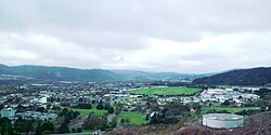 View looking northeast from Silverstream, with Trentham Racecourse in the centre and Trentham Army Camp at right