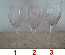 Verres de table, 1=vin blanc, 2=vin rouge, 3=eau