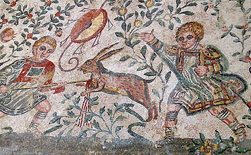 Young boys hunting a rabbit, Child Hunters Mosaic