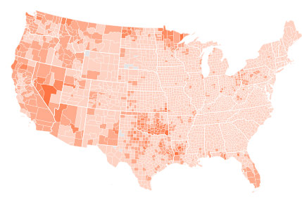 Results by county, shaded according to percentage of the vote for Debs