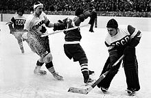 Hockey action photo, Canadian player attacking the Soviet goal