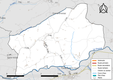 Carte en couleur présentant le réseau hydrographique de la commune