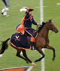 Color photograph, a sports mascot on horseback in the team colors of the University of Virginia