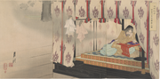 Woodblock print triptych by Gekko Ogata. Emperor Go-Daigo dreams of ghosts at his palace in Kasagiyama.