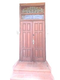 Entrance door, stained glass transom light