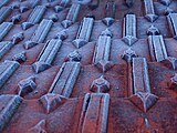 Frost on interlocking roof tiles in Britain