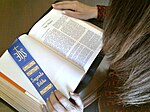 فتاة تقوم بقراءة ودراسة الكتاب المقدس؛ لدراسة الكتاب المقدس أهميَّة خاصة في الثقافة البروتستانتية.