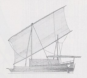 Burningham's reconstruction of padewakang with larger deckhouse and furled sail.