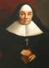 Painted portrait of a nun, sitting, with hands clasped around a book