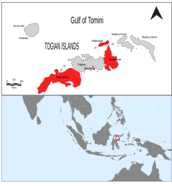 Localización de las islas Togian con las islas donde habita Z. somadikartai en color rojo.