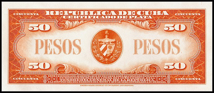 Fifty-peso silver certificate from the 1936 series, certified proof reverse, by the Bureau of Engraving and Printing