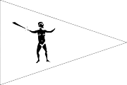 Flag of an unknown pirate crew, described as “… and a white Pendant at the Topmast-Head, with a naked Man and a Sword in his Hand” “… and a white Streamer in the Top-maft, with a naked Man brandifhing a Sword”.[62]