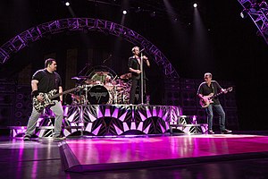 Final lineup of Van Halen in 2015. From left to right: Wolfgang Van Halen, Alex Van Halen, David Lee Roth, and Eddie Van Halen