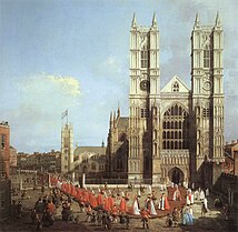 A painting of Westminster Abbey's western facade with two towers