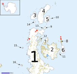 1 Trinityhalvön, 2 James Ross Island, 3 D'Urville Island, 4 Joinvilleön, 5 Dundee Island, 6 Snow Hill Island, 7 Vega Island, 8 Seymourön, 9 Andersson Island, 10 Pauletön, 11 Lockyer Island, 12 Eagle Island, 13 Jonassen Island, 14 Bransfield Island, 15 Astrolabe Island, 16 Zigzag Island