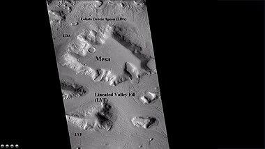 Wide CTX view showing mesa and buttes with lobate debris aprons and lineated valley fill around them. Location is Ismenius Lacus quadrangle.