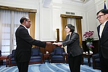 President of the Republic of China (Taiwan), Tsai Ing-wen (middle) receives the credentials from the new Solomon Islands Ambassador Joseph Pius Walaenisia (left) on 1 December 2016 at the Presidential Office Building in Taipei, capital of Taiwan.