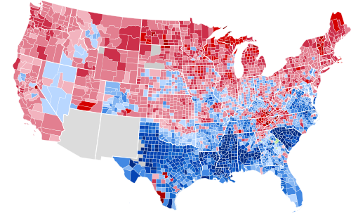 Results by county, shaded according to winning candidate's percentage of the vote