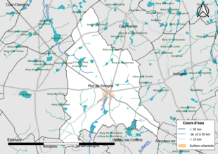 Carte en couleur présentantle réseau hydrographique de la commune