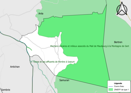 Carte des ZNIEFF de type 1 sur la commune.