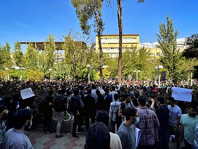 Amir Kabir University of Technology students protest against the hijab and the government in the aftermath of the death of Mahsa Amini at the hands of the Iranian morality police for allegedly violating the hijab code, 2022.