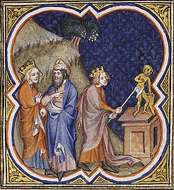 Illustration in the Bible Historiale of King Asa of Judah destroying the idols, at Azariah's instigation.