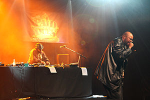 Blackalicious duo Chief Xcel (left) and Gift of Gab performing at the Paid Dues hip hop festival in 2008