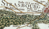 Extrait de carte ancienne sur laquelle Strasbourg est visible à l'est.