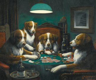 Poker Game, oil on canvas, Cassius Marcellus Coolidge, 1894, the first of the 11 Dogs Playing Poker paintings