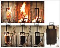 Flame test. Top, untreated polyurethane foam burns vigorously. Bottom, with fire-retardant.