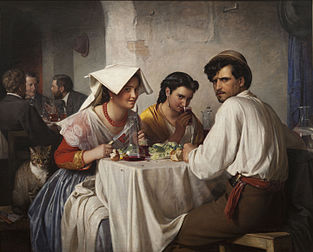 Dans une osteria romaine, scène de genre du peintre danois Carl Heinrich Bloch réalisée en 1866. (définition réelle 9 148 × 7 358)