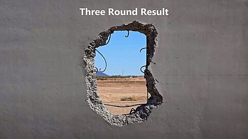 Result of three M1147 hits against a reinforced concrete wall